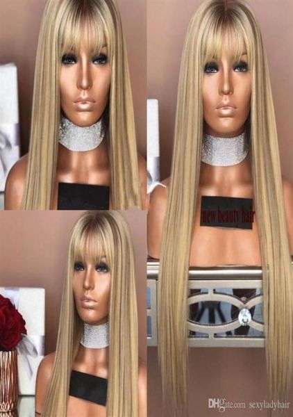 Mode longue perruque avant de lacet brésilien naturel avec frange racines brunes ombre miel blonde perruque cheveux synthétiques pour les femmes africaines24513529121034