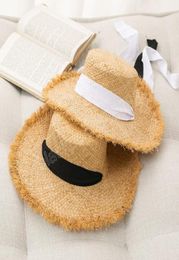 Mode Long Ribbon Women Raffia Straw Hat Zomer Wijd Zwide Brim Beach Zon Hoeden Temperament Flat Dress Cap Bonnet7655812