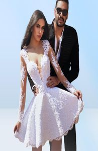 Robe de mariée courte blanche en dentelle à manches longues, à la mode, col transparent, robes de mariée, grande taille, 20214936659