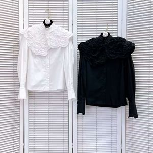 Mode tops met lange mouwen blouse appliqué peterkraag tops premium shirt met lantaarnmouwen wit en zwart poppenkraag single-breasted top f226130