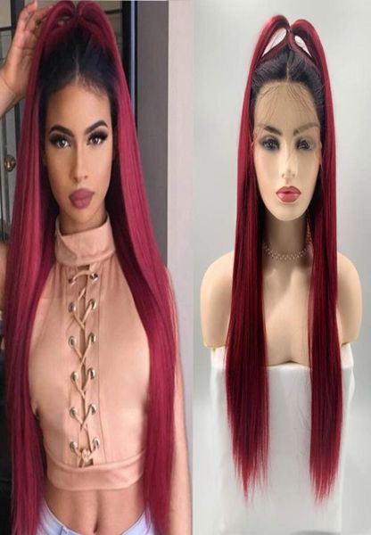 Mode longue ligne droite vin rouge perruque de cheveux synthétique Ombre noir à bordeaux résistant à la chaleur avant de lacet perruques pour les femmes noires 24 pouces7342503