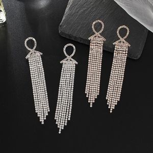 Pendientes colgantes de borla larga a la moda para mujer, accesorios de joyería de boda de lujo, pendiente Popular de diamantes de imitación con incrustaciones