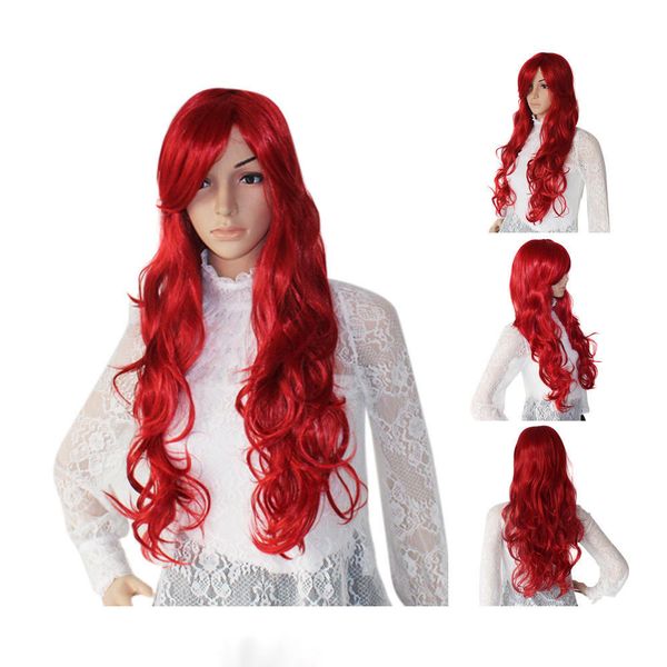 Moda larga vino rojo ondulado rizado mujer señora Cosplay Anime peluca pelucas + gorro de peluca