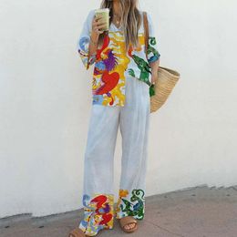 Fashion Loose Beach Holiday Costume Coton Cotton Linen imprimé deux pièces Set Summer Summer Sheeve Shirtpants Pants tenue 240419