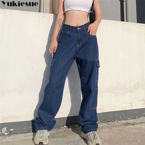 Mode Loose Jeans Pantalon de travail décontracté Femme Hip Hop Femme Pantalon en coton Big Pocket Vêtements Bleu / Noir / Blanc 211129