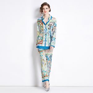 Ensembles de style de pyjama en vrac de mode, plateau de combinaison d'impression avec ceinture, pantalon de jambe large droite, ensemble de 2 pcs, automne au printemps