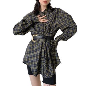 Mode lâche chemise à carreaux chemisiers pour femmes printemps automne chemisier mi-long avec ceinture vintage causal dentelle bouton tops 210702