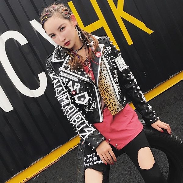 Moda-LORDLDS Chaqueta de cuero de leopardo negro Mujer 2018 Otoño Invierno Moda Cuello vuelto Punk Rock Chaquetas con tachuelas Abrigos de mujer