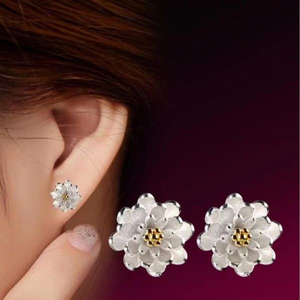 Boucles d'oreilles Lotus à la mode pour accessoires de mariage, bijoux fleur en argent Sterling pour femmes, cadeau d'anniversaire