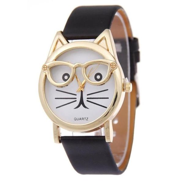 Fashion Lovely Cat Women039s Quartz Montre à bracelet Leahter Lady Robe regarde Bracelet Watch Relogio Feminino étudiants Clock8664474