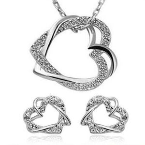 Mode Loverly mignon Double coeur collier et boucles d'oreilles ensembles de bijoux cristal autrichien 18 carats plaqué argent bijoux pour femmes Dress218J