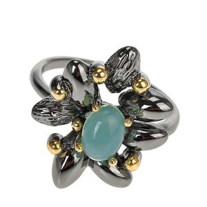 Mode-lt blauwe opaal steen ring anel vrouwelijke zwarte bloem sieraden koperen anti-allergie metalen mooie ringen topkwaliteit sieraden voor vrouwen