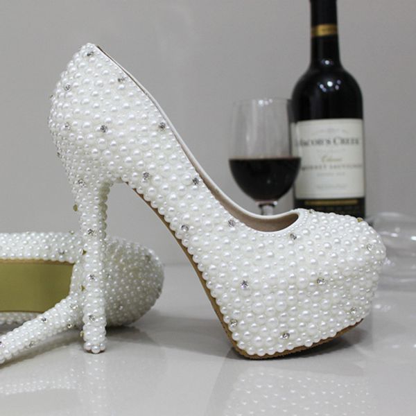 Zapatos de boda blancos con perlas y cristales de lujo a la moda, zapatos de tacón alto de 12 cm, zapatos de novia para fiesta y graduación, zapatos de mujer 187T