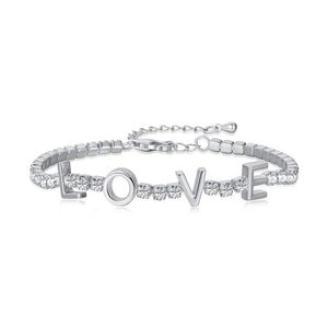 Mode 925 Sterling Silver Love Letters Tennis Bracelet Designer pour Femme Blanc 5A Cubic Zirconia 18k Gold Chain Bracelets Luxury Jewelry Gift Box Friend Gift