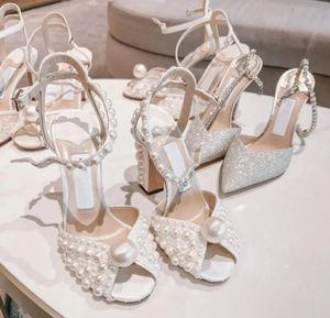 Moda Marcas de lujo Diseñador Sacora Sandalias Zapatos Perlas Cuero blanco Noche de mujer Nupcial Tacones altos jm Diseñador Lady Pumps Fiesta Boda