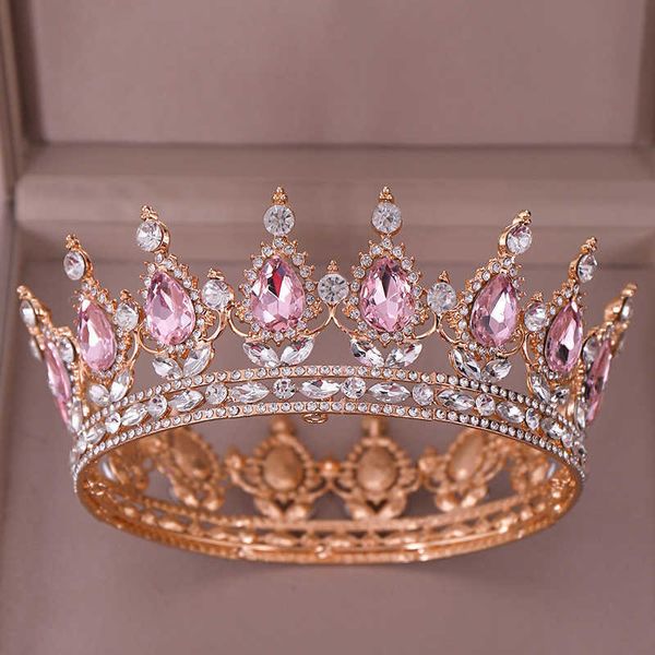 Moda lujo círculo rosa cristal reina coronas completa redonda nupcial Tiara para boda fiesta mujeres diamantes de imitación accesorios para el cabello X0625