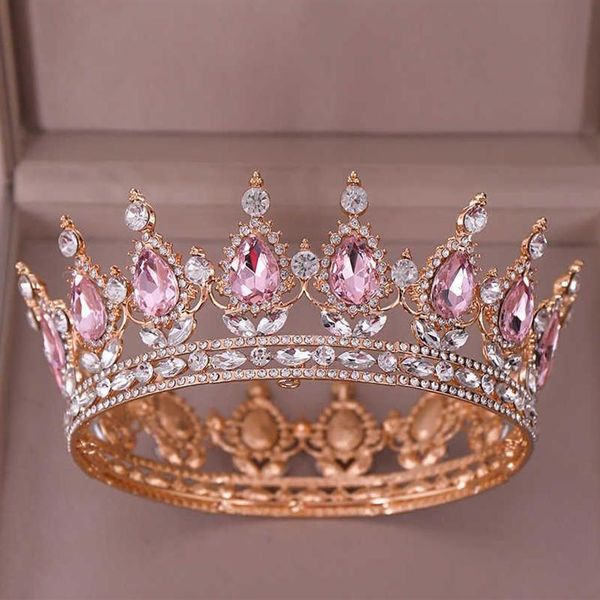 Mode Luxe Cirkel Roze Kristal Koningin Kronen Volledige Ronde Bruids Tiara Voor Bruiloft Vrouwen Strass Haaraccessoires X06252440