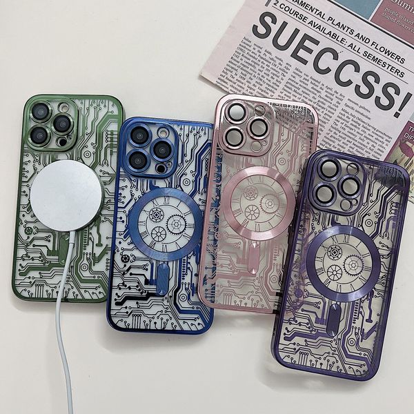 Fashion Luxury Clear Plating Téléphone Cas pour iPhone 15 14 13 12 11 Pro Max Plus Magnetic Wireles Wireless Charge Pumper Cover Soft Back Back With Len Protect Film 100pcs