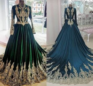 Elegante Arabische kaftan Marokkaanse formele slijtage avondjurken hoge hals lange mouwen gouden kant applicaties patroon donkere moslim vrouwen prom dress