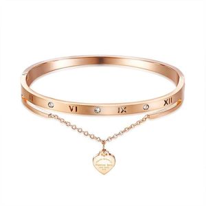 Mode luxe ontwerper Beautiful Sparkling Diamond Zirkon Heart Charms Bangle Bracelet for Woman Girls 17 CM Rose Gold Titanium S315m