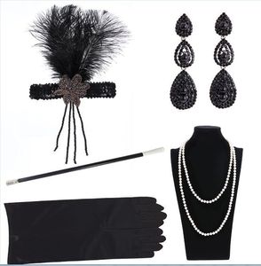 Mode luxe designer noir cristal paillettes vintage plume gland bandeau cheveux bijoux gants collier de perles fête femme accessoires