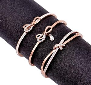 Mode luxe ontwerper Diamond Zirkonia Sweet Bow Knot Titanium roestvrijstalen bangle armband voor vrouw Girls Rose Gold2028340