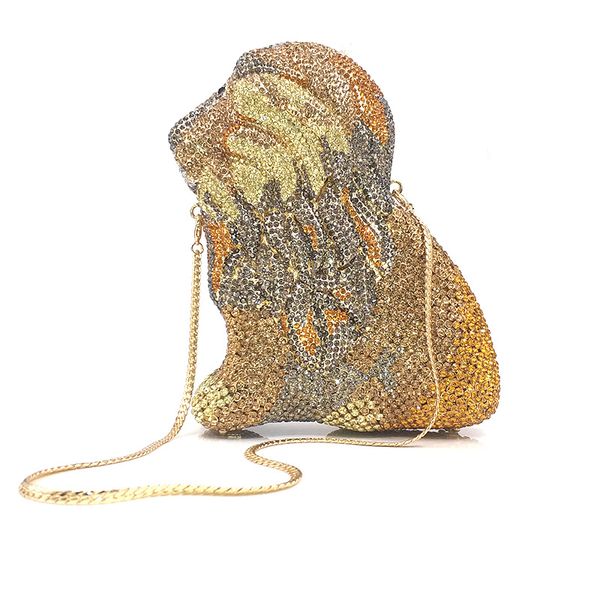 diseñador de moda de lujo hecho a mano lindo animal león diamantes coloridos diamantes de imitación de cristal súper brillante mujer dama embrague bolsos de noche