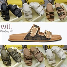 Diseñador de moda de lujo Sandalias para hombres y mujeres Zapatillas Cuero Botones de metal impresos con caja 35-45