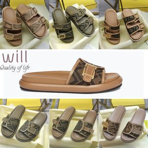 Fashion Luxury Designer Sandalias para hombres y mujeres zapatillas de cuero Doble F Botones de metal impreso 35-45