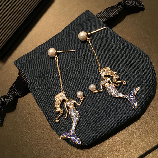 Diseñador de moda de lujo diamantes brillantes encantadora sirena burbuja perla gota araña pendiente para mujeres niñas poste de plata