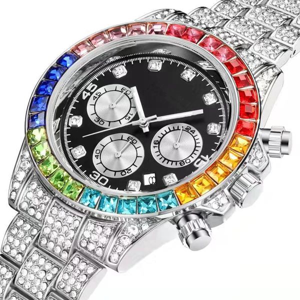 Créateur de luxe de mode superbes strass colorés complets calendrier de diamant date montres à quartz pour hommes femmes multi functi296T