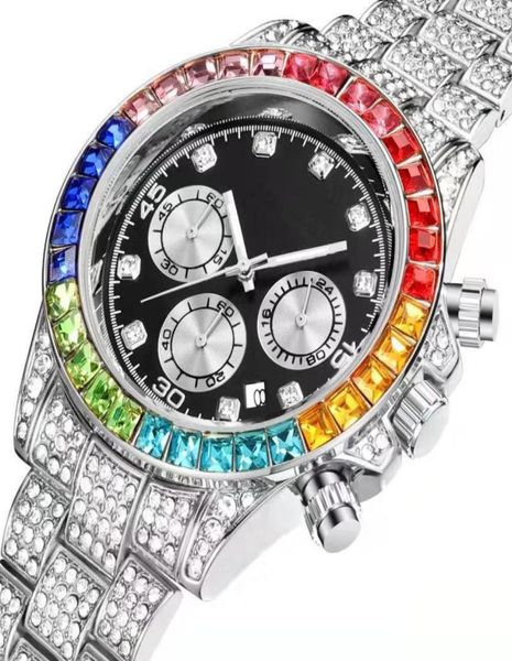 Fashion Luxury Designer Superbes strassages complets colorés Date de calendrier Diamond Date de quartz Montres pour hommes Femmes Multi Functi8572558