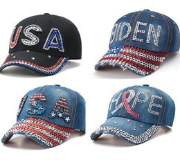 Mode luxe ontwerper USA vlag Trump Presidentsverkiezingen diamant demin jeans baseball bal caps voor vrouw vrouwelijke meisjes zonnehoed3935569