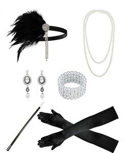 Mode plume cristal de diamant vintage design luxe serre-tête pompon perle gants de bijoux de cheveux boucles d'oreilles bracelets collier de perles