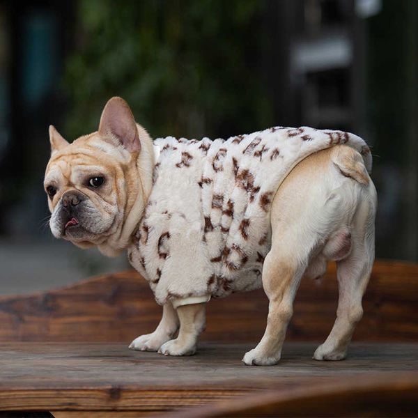 Vêtements de luxe pour animaux de compagnie, vêtements d'hiver à la mode, imprimé léopard, bouledogue français, manteau doux de styliste, fourrure moyenne, sweat à capuche, mignon chien bébé