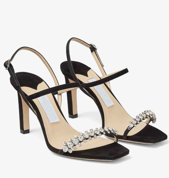 Moda Lujo Meira Sandalias Zapatos Mujer Negro Cristal adornado Bombas Blanco Plata Tacón de aguja Vestido de noche Señora Gladiador Sandalias EU35-43 Caja original