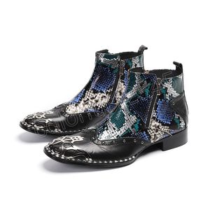 Mode luxe hommes bottes en cuir véritable bottines peau de serpent italien affaires robe chaussures bout pointu Cowboy botte mâle