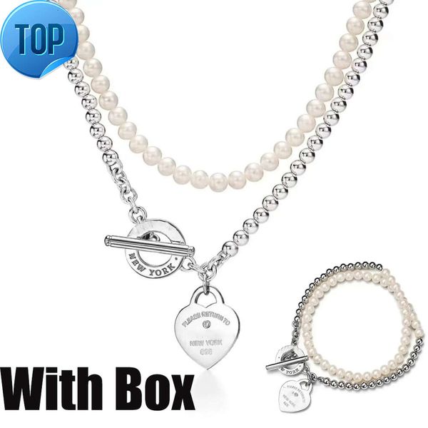 Collier de luxe de mode coeur de créateur retour au pendentif forme de bijoux chaînes à deux étages avec colliers de perles pour les femmes fête bijoux en or rose platine 4S63