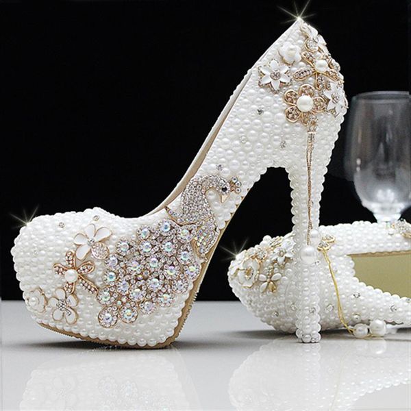 Moda lujo perlas cristales diamantes de imitación blanco marfil boda zapatos tamaño 12 cm tacones altos zapatos de novia fiesta graduación mujer Shoes303v