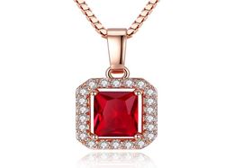 Moda de luxo rosa ouro quadrado pingente colar feminino noivado casamento cristal vermelho strass zircão colares zircônia cúbica p5812265