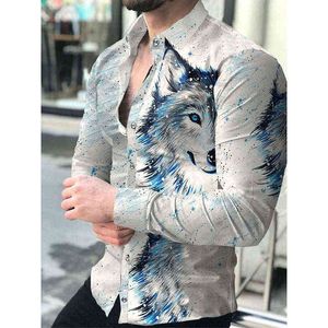 Mode luxe sociale mannen shirts turn down kraag geknoopt shirt casual wolf print lange mouw tops heren kleding prom Cardigan g220511