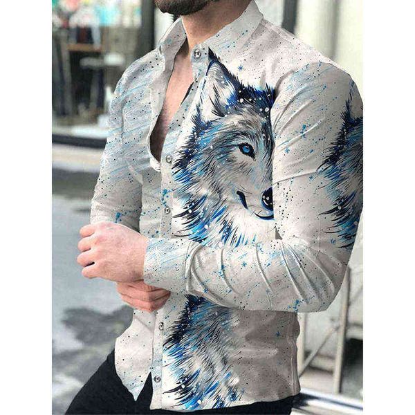 Moda de lujo Social Hombres Camisas Turn-down Collar Camisa abotonada Casual Wolf Print Camisetas de manga larga Ropa de hombre Prom Cardigan G220511