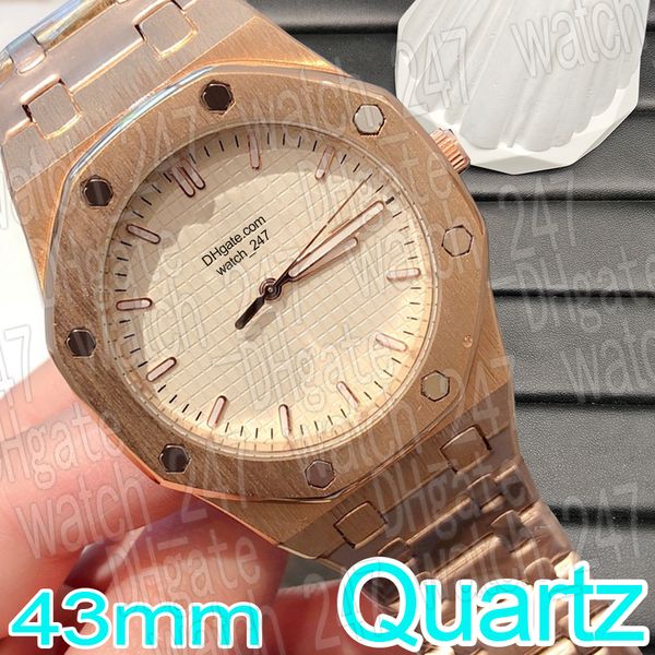 Reloj de lujo de moda para hombres, relojes de diseño para hombres, 43 mm, fecha, cuarzo, relojes dorados, esfera negra, relojes para hombres, acero inoxidable, elegante reloj para hombres, montre de luxe, regalo con caja