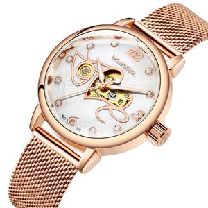 Reloj de lujo de moda para mujer, patrón de amor, relojes mecánicos automáticos, correa de malla de oro rosa de acero inoxidable, reloj de pulsera para mujer 201118
