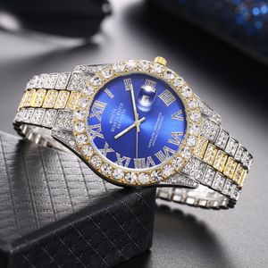 Fashion Luxury Watches Men Classic Business Roman Numerals Corloge de diamant en acier inoxydable Full Diamant Calendrier Quartz Watch pour les hommes présents