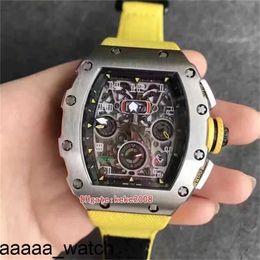 Mode luxe horloges RicharMill Horloge van uitstekende kwaliteit Horloges 50 mm 40 mm 1103 Flyback skelet gele elastiekjes roestvrij transparant Byv3 Zwitsers ZF F