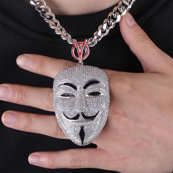 Fashion- Luxury White Gold Full Cubic Zirconia Mens Vendetta Male Leading Role Mask Portrait Twist Chain Collana Bling Diamond Jewelry