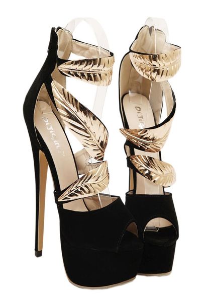 Mode luxe femmes sandales de créateur noir avec or embelli pour les femmes fête bal soirée talons hauts 14CM 5577055