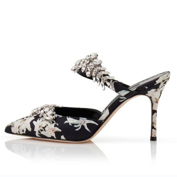 Sandalias de mujer de lujo de moda Bombas LURUM 90 mm Mulas con estampado floral de seda negra Italia Lady Classic Round Heads Slingback Designer Banquet Sandalia Tacones altos Caja EU 35-43