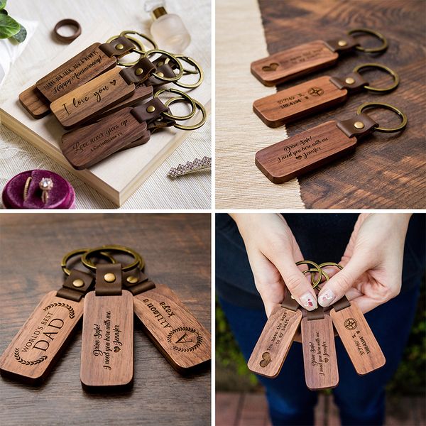 Bretelles de porte-clés en bois de luxe à la mode Porte-clés en bois à graver de haute qualité Porte-clés en cuir personnalisés